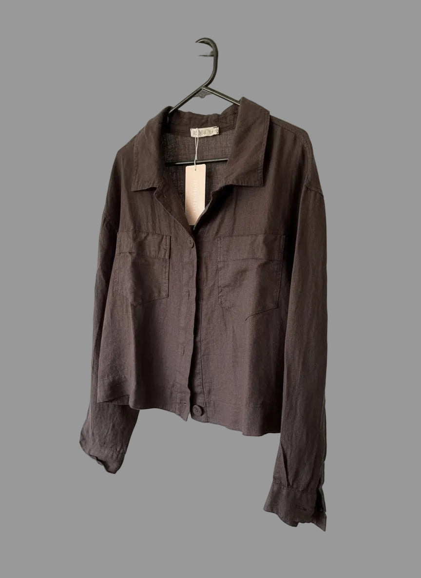 Beth Linen Jacket in chocolate – flat lay on rack showing collared neckline, button-front opening and dual chest pockets, long sleeves | Sonella