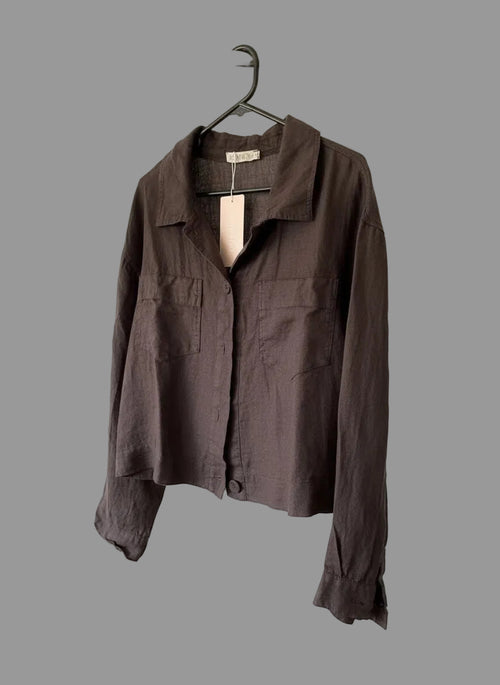 Beth Linen Jacket in chocolate – flat lay on rack showing collared neckline, button-front opening and dual chest pockets, long sleeves | Sonella