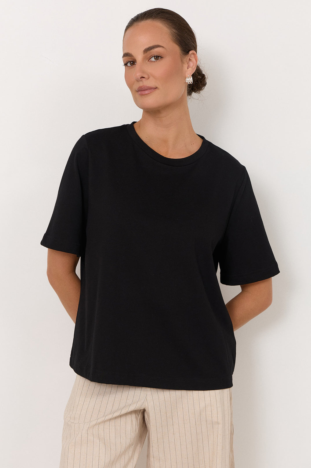 Orion Cotton Tee in black – front view, classic relaxed fit women's cotton tee | Sonella