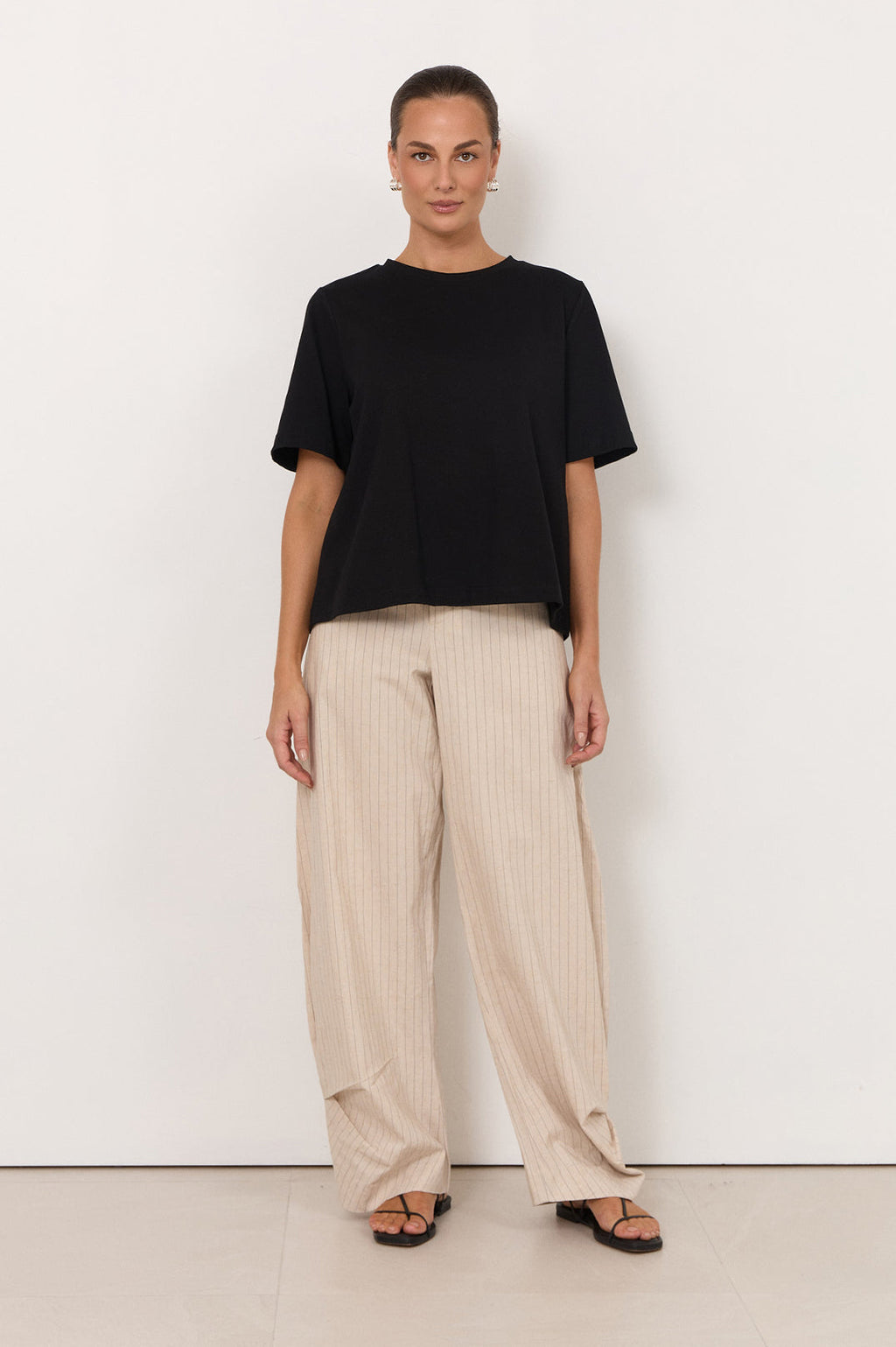 Orion Cotton Tee in black – styled view, everyday women's black cotton t-shirt | Sonella