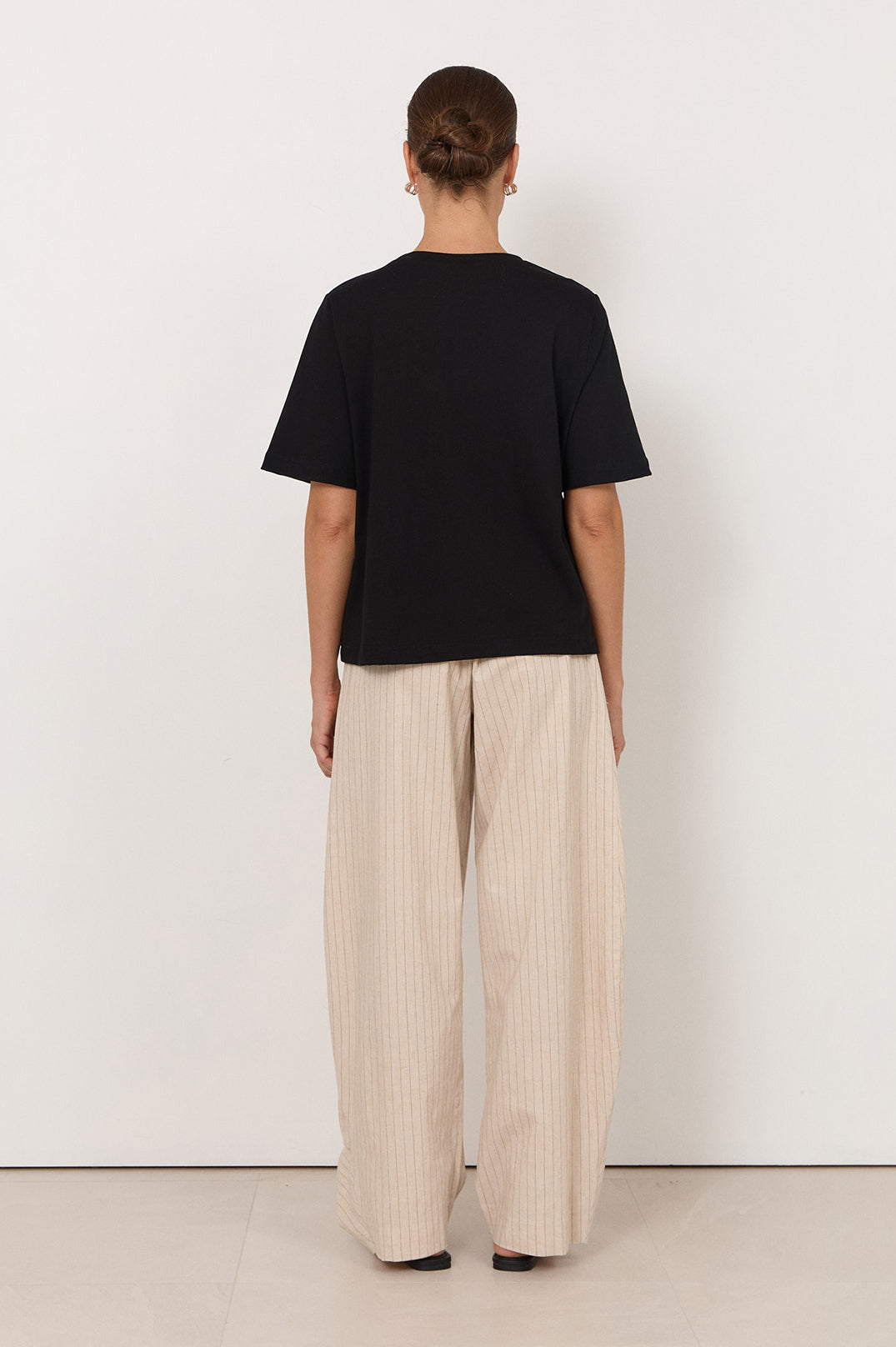 Orion Cotton Tee in black – full-length styled view, wardrobe staple black cotton tee | Sonella