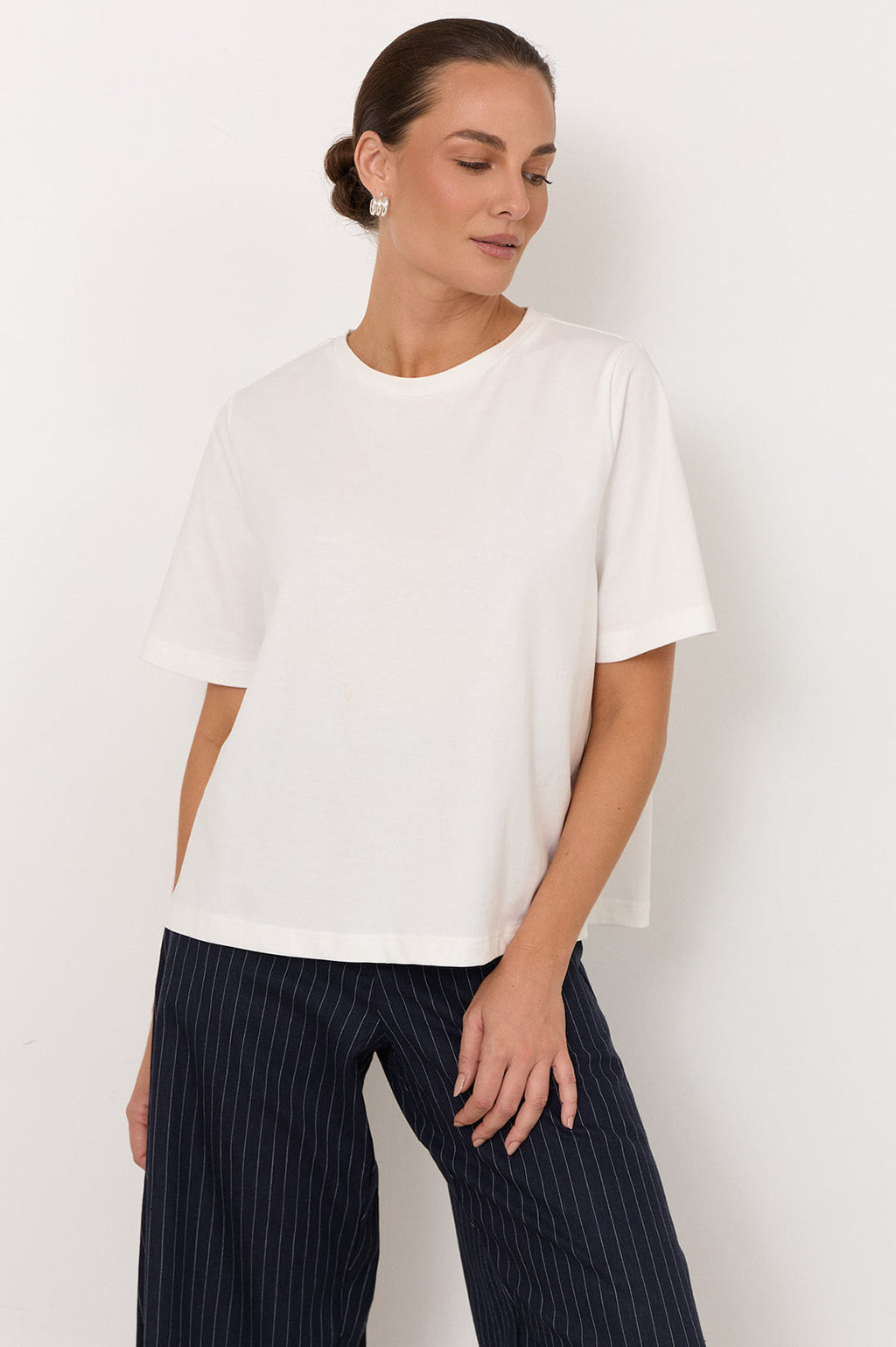 Orion Cotton Tee in white – full-length styled view, versatile white cotton tee | Sonella