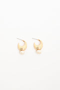 Pearl Drop Curved Front Half Hoop Earrings in gold with cream pearl – close-up of pearl drop and curved hoop detail | Sonella