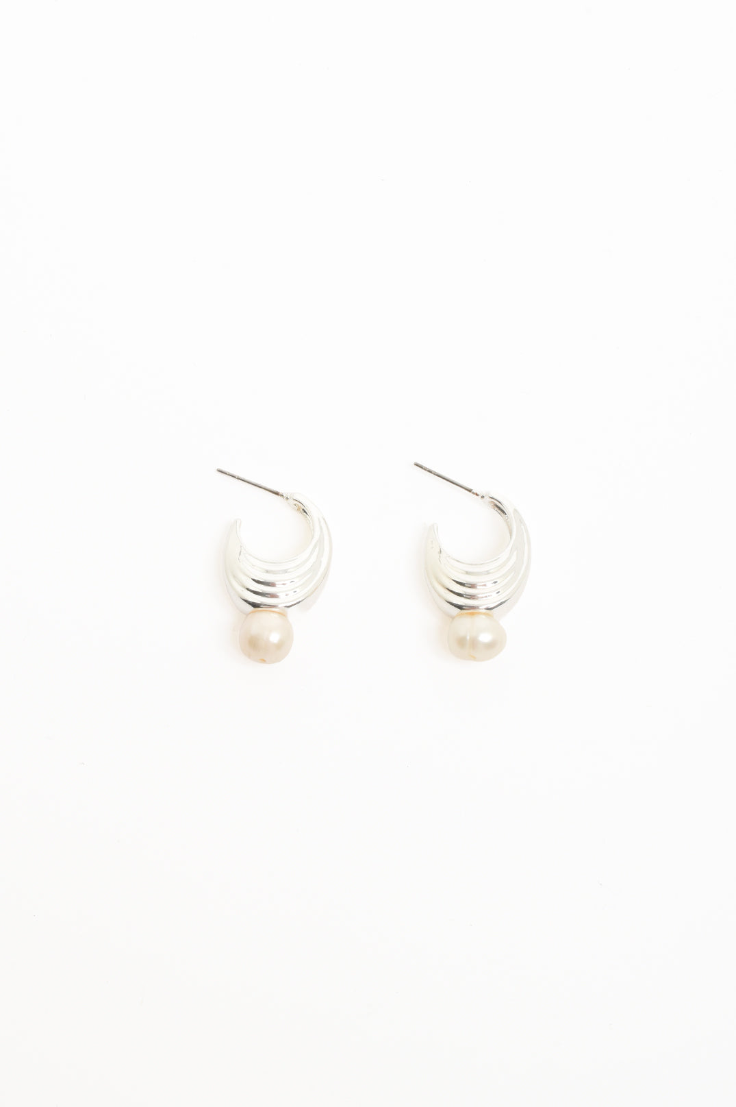 Pearl Drop Curved Front Half Hoop Earrings in silver with cream pearl – front view, elegant nickel free earrings | Sonella