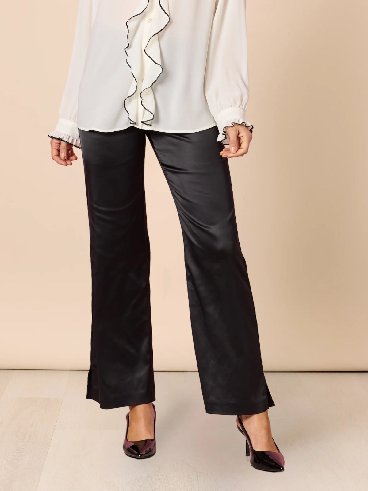 Tuxedo Flare Pant — high-rise pull-on flare pant in satin-finish stretch fabric, full length with four pockets | Sonella